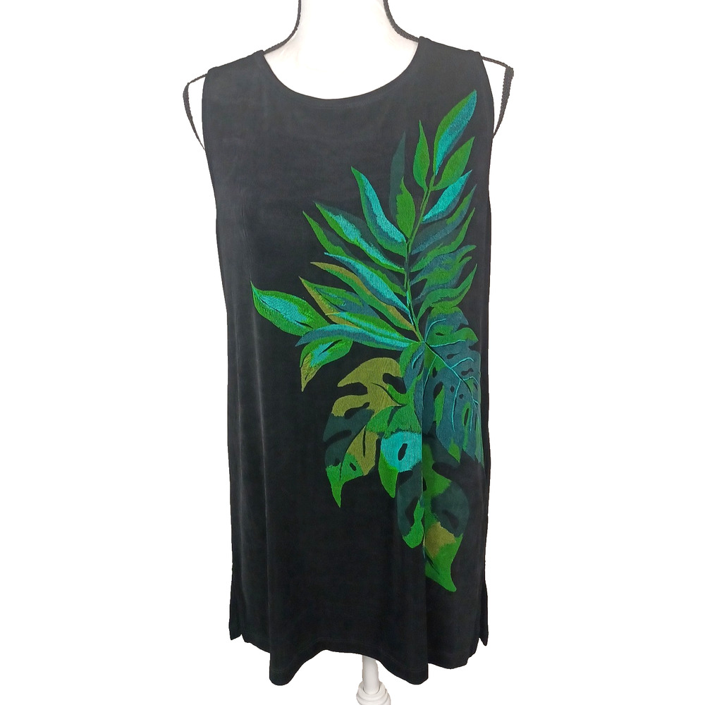VTG Carole Little Black Tropical Leaf Knit Top M